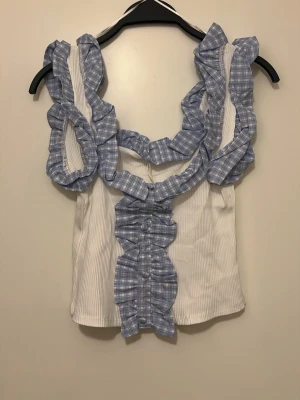 Vit och blå rutig volangtopp från Zara  - Supersöt topp med volangdetaljer i blåvitt rutigt tyg och ribbad vit bas från Zara. Ärmlös modell med breda axelband och knappar framtill. Perfekt för dig som vill sticka ut med en unik och lekfull stil.