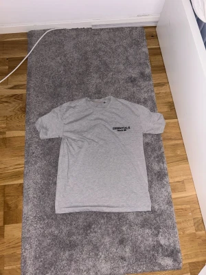 Grå Essentials Fear of God t-shirt - Snygg grå t-shirt från Essentials Fear of God med svart logga på bröstet och stor text på ryggen. Klassisk passform med rund hals och korta ärmar. Perfekt för en clean och stilren streetwear-look. Använd 1 gång och kan passa till M också.