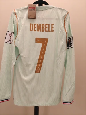 Frankrike spelar Version Dembele matchtröja Nike - Ljusblå långärmad fotbollströja från Nike spelar Version med Frankrikes landslagsmärke, guldiga detaljer och nummer 7 Dembele på ryggen. Tröjan har FIFA World Cup Qatar 2022-patchar på ärmarna och broderade detaljer. Perfekt för fotbollsfans!