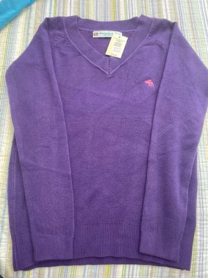 Lila stickad tröja Abercrombie & Fitch - Lila stickad tröja från Abercrombie & Fitch med V-ringning och ribbade muddar. Tröjan har en rosa broderad älg-logga på bröstet och är tillverkad i mjukt material. Perfekt för dig som gillar färg och klassisk stil.