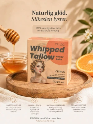 Melao Whipped Tallow Honey Balm Citrus - Whipped Tallow Honey Balm från Melao med citrusdoft, innehåller 100% gräsbetat talg och Manuka-honung. Naturliga ingredienser, djup återfuktning och passar alla hudtyper. Kommer i en beige och orange förpackning, 113g.