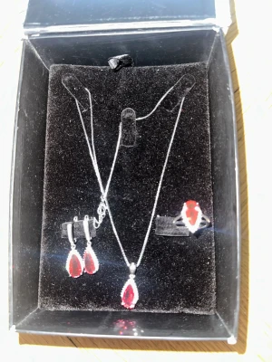 Smyckesset med röda stenar - Snyggt smyckesset med halsband, örhängen och ring i silverfärg med droppformade röda stenar. Perfekt för att ge din outfit en elegant touch. Stenarna är infattade i glittrande detaljer som ger extra lyster.