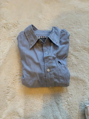 Blåvit randig skjorta med brodyr - Säljer en blåvit randig skjorta från Lyle & Scott med klassisk krage och lång ärm. Skjortan har en liten svart broderad fågel på bröstfickan och vita knappar framtill. Perfekt för dig som gillar stilrena detaljer och tidlös design.