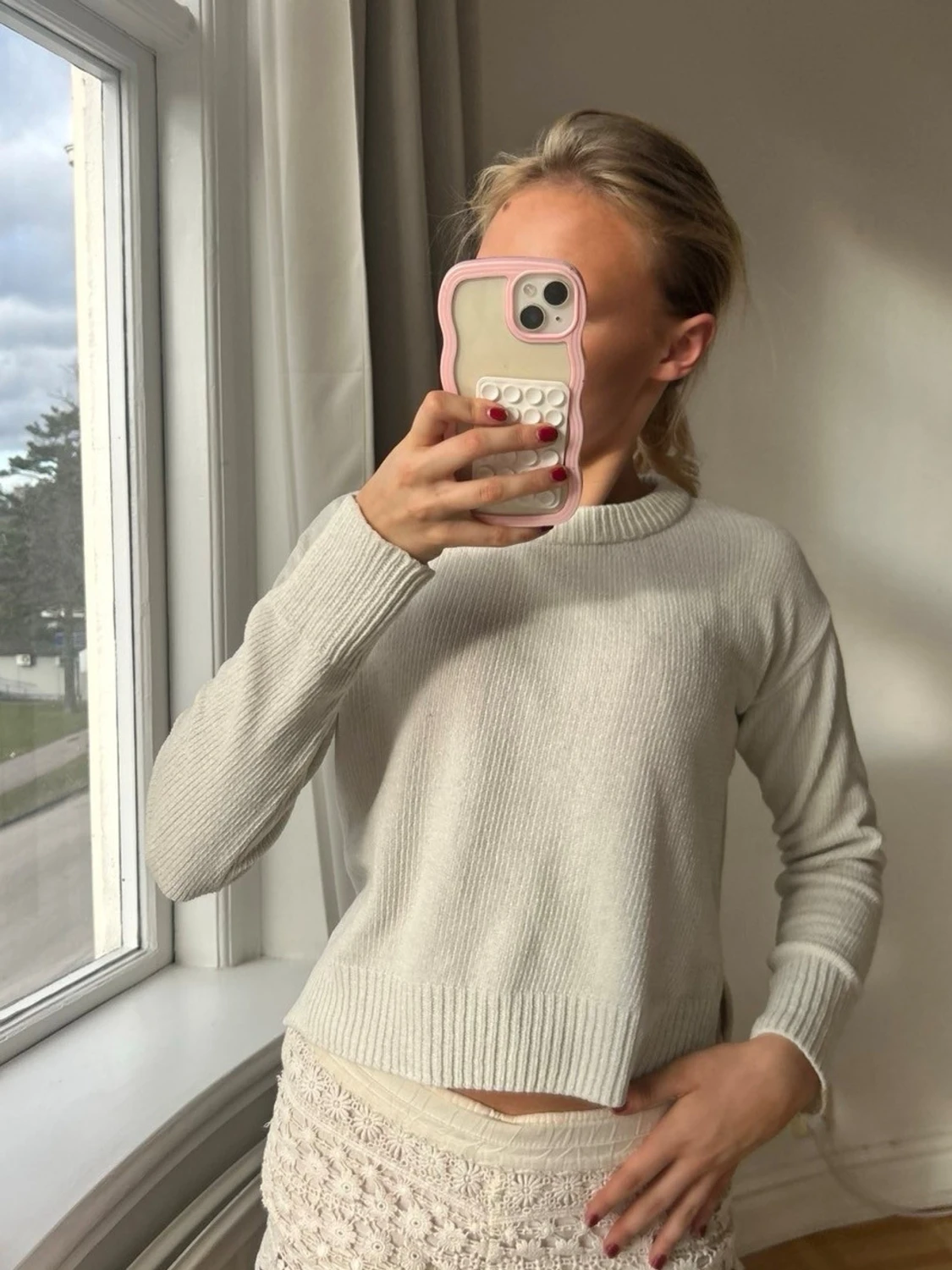 Beige stickad tröja med rund hals💖 - 1