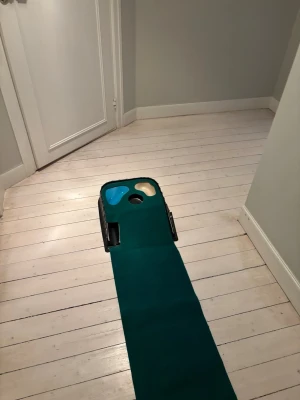 Grön minigolfmatta för inomhusbruk - Säljer en grön minigolfmatta med hål och hinder, perfekt för att träna puttning hemma. Mattan har en lång bana och en upphöjd avslutning med två färgade fält, ett blått och ett beige. Enkel att rulla ut och använda på golvet.