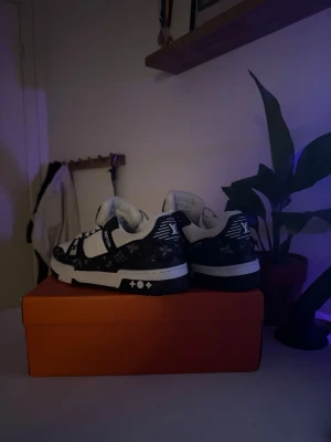LV trainers kommer med box och tyg påsar till skorna  - Louis vuitton trainers. Boxen är lite sliten, blev så när jag fick dem. Det är tyg påsar till skorna. Skorna har lite slitningar men inget ditt öga märker. 