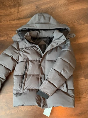 Grå dunjacka från Canada Goose - Snygg grå dunjacka från Canada Goose med huva och breda kanaler. Jackan har två sidofickor med dragkedja, ribbade muddar och en patch på ärmen. Perfekt för kalla vinterdagar och riktigt varm tack vare dunfyllningen.