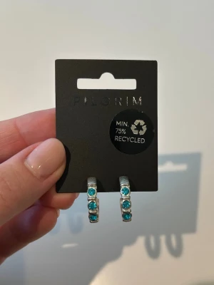 Silverfärgade örhängen med blå stenar - Säljer ett par snygga örhängen i silverfärg med tre blå glittrande stenar på varje örhänge. Perfekta för dig som vill ha en färgklick till din look och gillar hållbara accessoarer. I använt skick därav priset😊