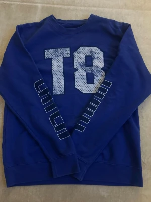 Blå Tate McRae T8 World Tour hoodie - Snygg blå hoodie med tryck 'T8' framtill och 'Tate McRae T8 World Tour' på ryggen. Ärmen har också ett coolt tryck. Perfekt för dig som gillar musik och vill sticka ut med en unik tour-merch. Mjuk bomullskänsla och klassisk passform. Använd ungefär 5 gånger