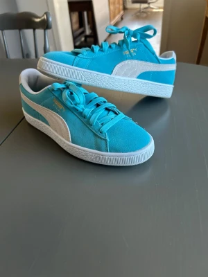 Turkosa Maersk Puma sneakers i mocka - Säljer ett par fräscha turkosa Maersk Puma sneakers i mocka med vita detaljer och snörning. Klassisk låg modell med vit sula och ikonisk Puma-logga i guld på sidan. Perfekta för dig som vill sticka ut med färg på fötterna.