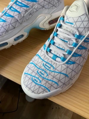 Nike Air Max Plus vita/blå sneakers storlek 43 - Nike Air Max Plus sneakers i vitt med blå detaljer och silverfärgad swoosh. Som ni ser i bilden är den använt såklart men den har inga skador, utan få fläckar som inte syns mycket 💕