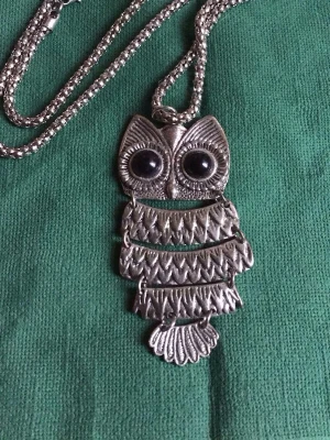 Halsband med uggla i silverfärg - Unikt halsband med en stor uggla som hänge i antik silverfärg. Ugglan har svarta ögon och detaljerad fjäderstruktur. Kedjan är grov och matchar hängets metalliska look. Perfekt för dig som gillar djurmotiv och statement-smycken.