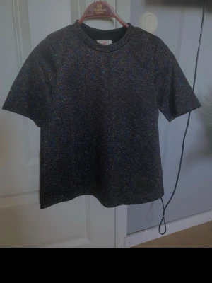Glittrig svart t-shirt Holly & Whyte - Säljer en svart t-shirt från Holly & Whyte by Lindex med glittrigt material i flera färger. T-shirten har korta ärmar och en klassisk rund halsringning. Perfekt för dig som vill sticka ut lite extra med en cool och färgglad look.