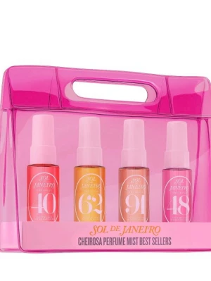 Sol de Janeiro Cheirosa Perfume Mist Set - Upptäck Sol de Janeiro Cheirosa Perfume Mist Best Sellers set med fyra färgglada doftmister i rosa, gult, orange och korall. Parfymerna kommer i en snygg rosa plastväska och varje flaska har en modern, stilren design med vita lock. Förseglade parfymer, ej öppnad 