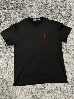 Svart t-shirt från Ralph Lauren - Klassisk svart t-shirt från Ralph Lauren med den ikoniska röda logotypen broderad på bröstet. T-shirten har rund hals och korta ärmar, tillverkad i mjuk bomull för en skön känsla. Perfekt basplagg med stilren design.