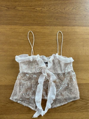 Glittrig volang topp från Zara - Supersöt glittrig topp från Zara med tunna axelband, volangkant och knyt framtill. Toppen är transparent med paljetter och har en romantisk vibe. Perfekt för dig som vill sticka ut lite extra.