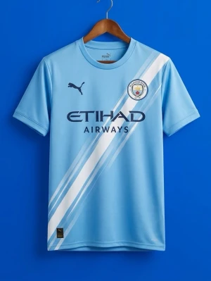 Manchester City matchtröja Puma blå - Manchester Citys officiella matchtröja från Puma i ljusblått med vita detaljer och klubbmärke på bröstet. Tröjan har korta ärmar, rund hals och är tillverkad i ett lätt, ventilerande funktionsmaterial. Snyggt tryck med Etihad Airways på framsidan.