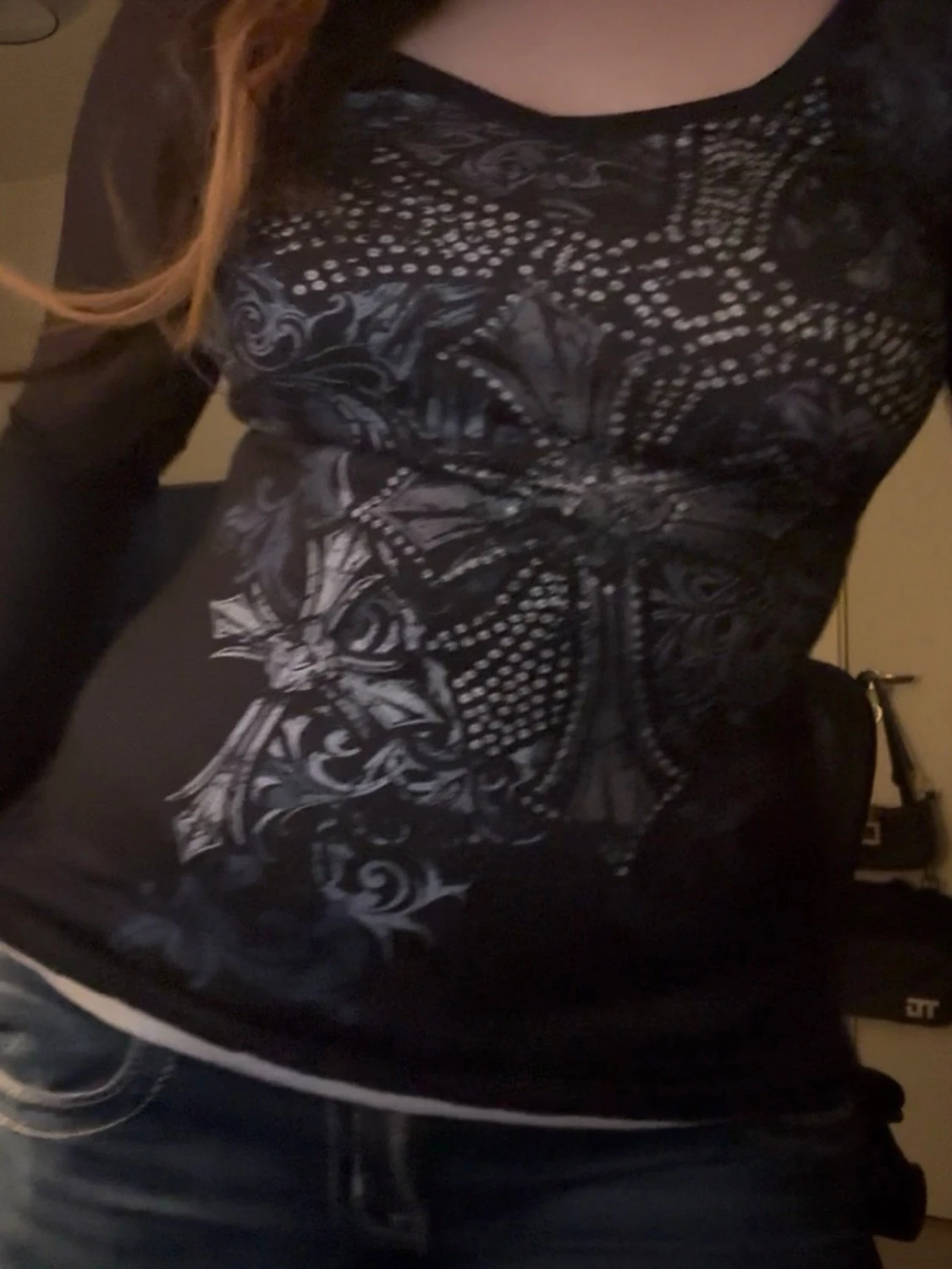 Svart långärmad topp med tryck - 1