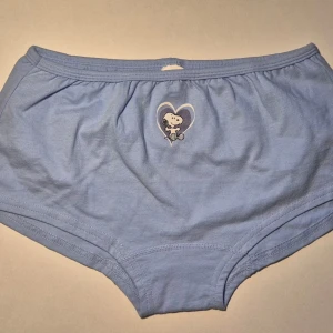 Blå retro high-waist trosor med Snoopy-tryck - Söta ljusblå trosor i bomull med ett tryck av Snoopy i ett vitt hjärta framtill. Klassisk retro brief-modell med mjuk resår i midjan och benöppningarna. Perfekta för dig som gillar gulliga detaljer och bekväma underkläder. Kommer från restparti. Storlek 170, men ser stora ut.