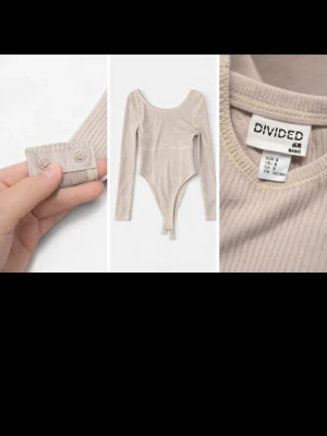Beige ribbad body från H&M Divided - Säljer en beige ribbad body från H&M Divided med långa ärmar och rund halsringning. Bodyn har knäppning i grenen och är tillverkad i ett mjukt, stretchigt material som sitter snyggt på kroppen. Perfekt att styla med jeans eller kjol.