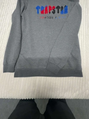 Grå sweatshirt från Trapstar - Säljer en grå sweatshirt från Trapstar med tryck i blått, rött och svart på bröstet där det står 'Trapstar It's a Secret'. Tröjan har rund halsringning, långa ärmar och ribbade muddar vid ärmslut och nederkant. Perfekt för en avslappnad streetwear-look.