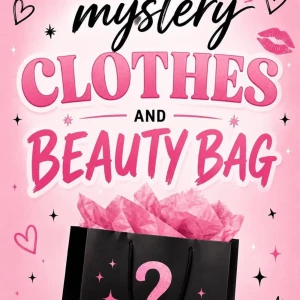 10 plagg !TEMA=BASIC! - En mystery bag fylld med kläder och skönhetsprodukter. Påsen är svart med rosa silkespapper och dekorerad med ett stort frågetecken. Perfekt för dig som gillar överraskningar och vill testa nya produkter.