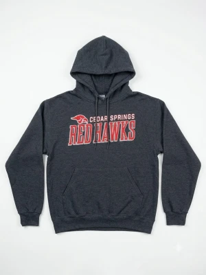 Mörkgrå Cedar Springs Red Hawks hoodie - Mörkgrå hoodie från Jerzees med trycket 'Cedar Springs Red Hawks' i rött och vitt på bröstet. Klassisk känguruficka framtill, dragsko i huvan och ribbade muddar. Tillverkad i en mjuk bomulls- och polyestermix (50/50). Perfekt för chill dagar eller när du vill ha en sportig look.