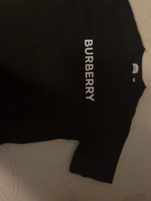 Svart Burberry t-shirt med tryck - Snygg svart t-shirt från Burberry med vitt logotryck längs framsidan. Baggy passform och rund halsringning, perfekt för en stilren och trendig look. Tillverkad i mjuk bomull som känns skön mot huden. Storlek S men sitter större