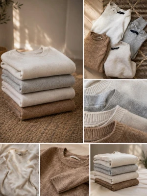 4st Beige och grå stickad tröja i ullmix - Mysig stickad tröja i mjuk ullmix i beige, grå och ljusbruna toner. Klassisk rund halsringning och ribbstickade muddar vid ärmslut och nederkant. Perfekt för lager-på-lager och en stilren vardagslook.