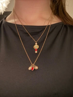 Guldigt halsband med röda detaljer - Säljer ett halsband, 9 ringar och två armaband. Syns att de är använda men inget man tänker på när dom är på. Pris kan diskuteras beroende på vad du vill köpa annars 100kr för allt🌸