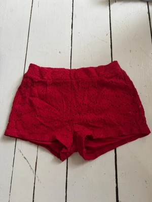 Röda spets-shorts med hög midja - Snygga röda shorts med hög midja och spetsdetaljer. De har en feminin look med blommigt spetsmönster och är perfekta för varma dagar. Shortsen är fodrade och har en bekväm passform.