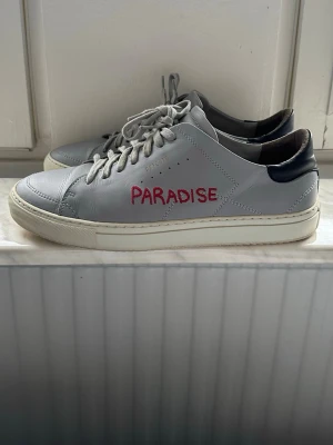 Gråa Axel Arigato Paradise sneakers - Snygga gråa sneakers från Axel Arigato med svart häl och vit sula. Skorna är i läder och har klassisk låg profil, i gott skick då jag alltid hållt de tvättade och rena. Slutsålda. STORLEK 43 