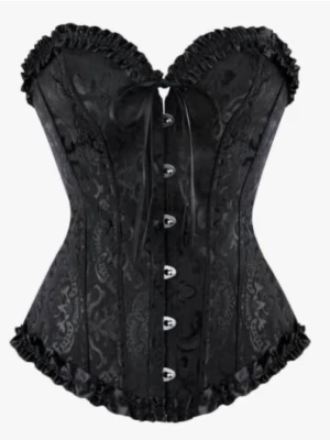 Svart korsett - Snygg svart korsett med spetsdetaljer och rosett framtill. Perfekt för utklädnad och fest🖤Använd en gång!