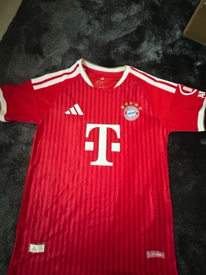 Röd Bayern München matchtröja Adidas - Säljer en röd Bayern München matchtröja från Adidas med vita detaljer och klubbmärke på bröstet. Tröjan har korta ärmar, guldfärgade detaljer vid kragen och är tillverkad i ett lätt, ventilerande material. Perfekt för fotbollsträning eller match.