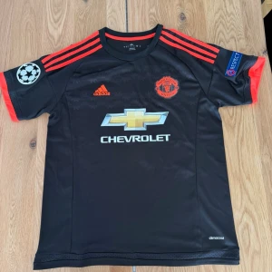 Manchester United tröja Memphis 7 - Säljer en svart Manchester United matchtröja från Adidas med röda detaljer och tryck. Tröjan har Champions League patch på ena ärmen, klubbmärke och sponsortryck på framsidan samt MEMPHIS och nummer 7 på ryggen. Materialet är lätt och andas, perfekt för fotboll.