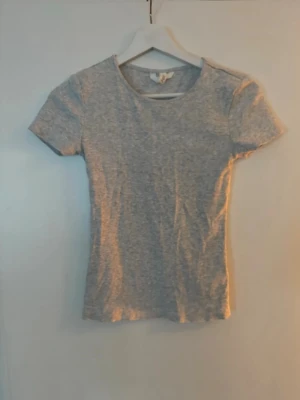 Grå basic t-shirt  - En enkel och stilren grå t-shirt med rundad hals i fint skick. Perfekt som basplagg till shorts/jeans/kjol 
