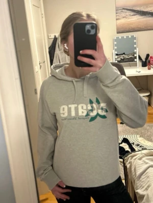 Grå hoodie från Deate med tryck - Säljer en ljusgrå hoodie från Deate med vitt och grönt tryck på bröstet. Tröjan har huva med dragsko och ribbade muddar vid ärmslut och nederkant. Perfekt för en avslappnad och cool look.