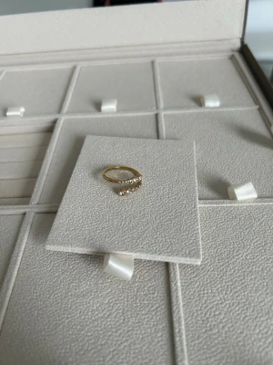 Guldfärgad ring med stenar från Muli Collection  - Snygg guldfärgad ring med två rader av gnistrande stenar på ovansidan från Muli Collection . Ringen har en tunn, elegant design och stenarna är placerade i en lätt böjd form för extra effekt. Perfekt för dig som gillar stilrena accessoarer med lite bling.