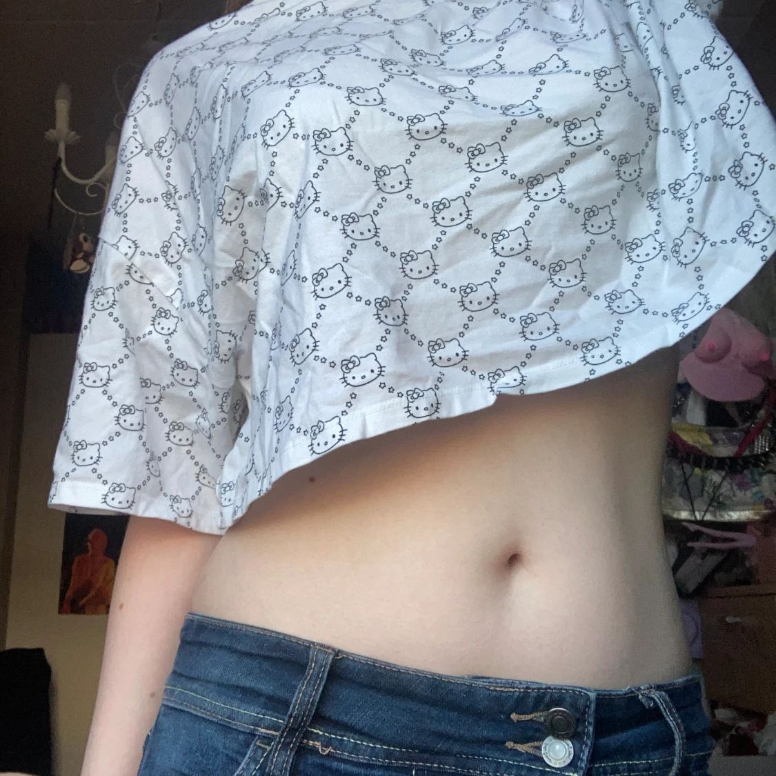 oversized vit, svart hello kitty magtröja - 2