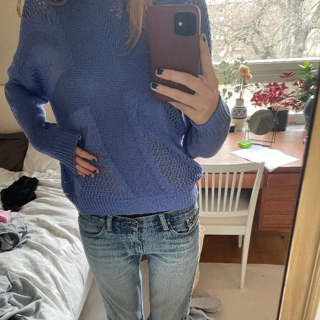 Unik blå stickad tröja - 90