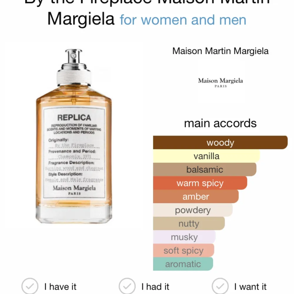 Maison Margiela parfym, luktar mer manligt än unisex enligt mig. Varm och träig parfym för kalla dagar. Luktar precis som ny. Runt 25 ml kvar, orginalförpackning finns.  . Accessoarer.
