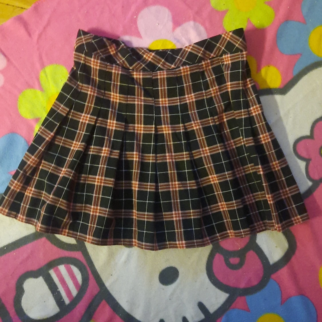 Röd orange rutig divided schoolgirl midjekjol