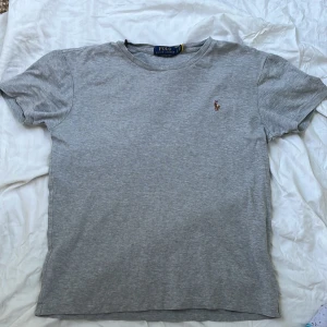 Grå t-shirt från Polo Ralph Lauren - Passar 13-14 åringar. Kostar 1200kr ny. Säljer en klassisk grå t-shirt från Polo Ralph Lauren med broderad logga på bröstet. Modellen är custom slim fit och har rund halsringning och korta ärmar. Perfekt basplagg med stilren design.