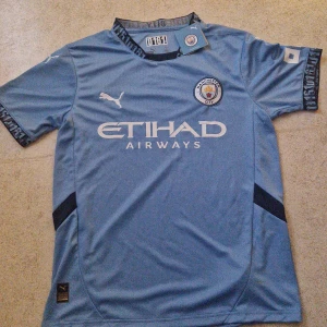 Manchester City matchtröja Puma blå - Manchester Citys officiella matchtröja från Puma i ljusblått med klubbmärke och Etihad Airways-tryck på bröstet. Tröjan är kortärmad, har svarta detaljer och är tillverkad i lätt, ventilerande polyester. Perfekt för dig som vill visa vilket lag du håller på.
