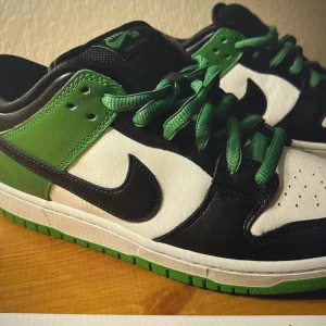 Nike Dunk i grönt och svart - Snygga Nike Dunk sneakers i en fräsch kombination av grönt, svart och vitt. Skorna har en klassisk design med snörning och den ikoniska Nike-loggan på sidan. Perfekta för en stilren look.