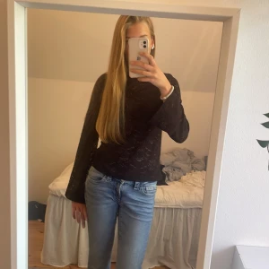 Svart spetströja - Säljer en svart blus i spets med långärmade och vida ärmar. Blusen har ett snyggt mönster i spetsen och är lätt transparent. Modellen är normal i passformen och har rund hals.