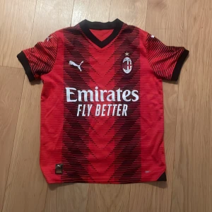 AC Milan röd matchtröja Puma - AC Milan fotbollströja från Puma i röd och svart med coolt grafiskt mönster. Kortärmad med svart krage och muddar, klubbmärke på bröstet och sponsorer tryckta fram och bak. Tillverkad i lätt polyester som andas, perfekt för träning eller match.