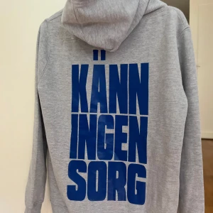 Grå hoodie Känn Ingen Sorg HH - Säljer en grå Håkan Hellström hoodie med stor blå text 'KÄNN INGEN SORG' på ryggen och HH-logga på bröstet. Tröjan har huva med snörning, magficka och långa ärmar. Helt ny fast utan prislapp, finns inte att köpa längre! Storlek M men ganska liten i storlek!