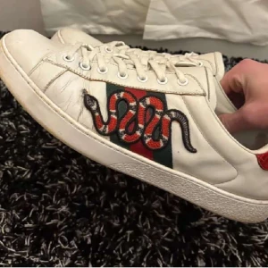 Gucci Ace - Säljer ett par vita Gucci ace, dem är i ett bra skick och använt några gånger. Säljer de för jag inte använder dem längre och köpt nya skor, dem är väldigt fräscha. Nypris 9000kr säljer för 1699 så ett väldigt bra pris kom med bud!
