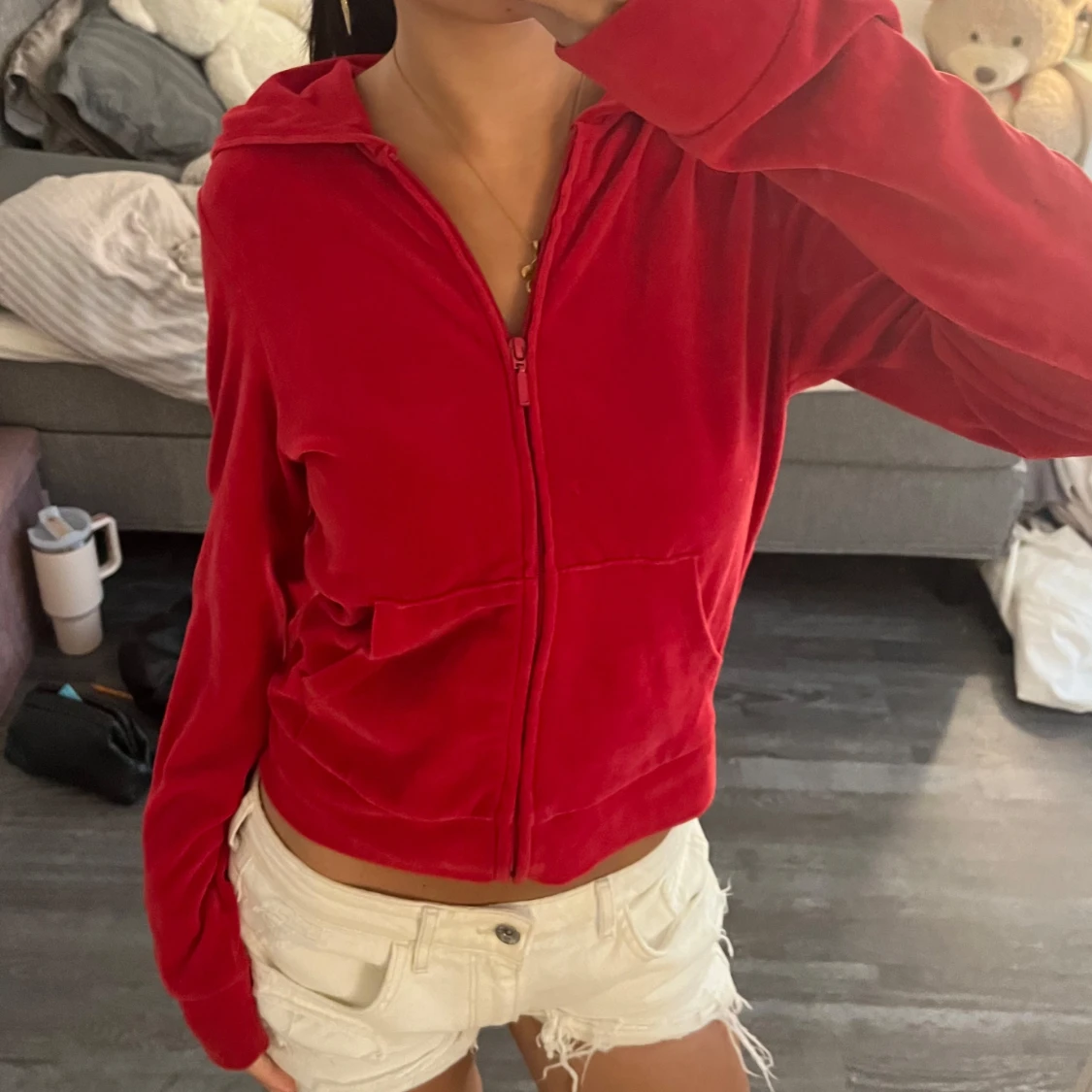 Röd velour hoodiejacka XS